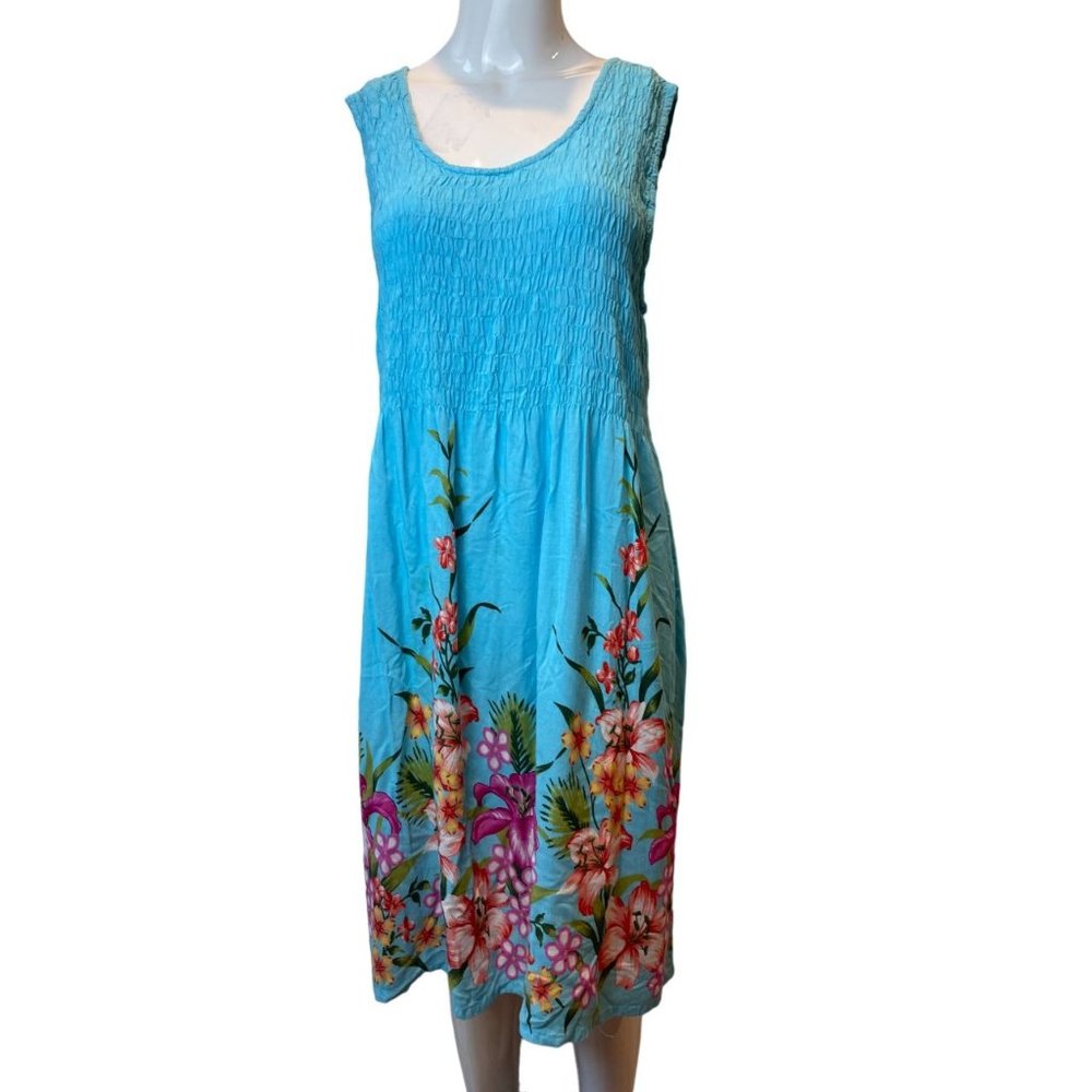 Hibiscus Collection Womens Floral Shift Dress Smocked Front Blue Size One Size
